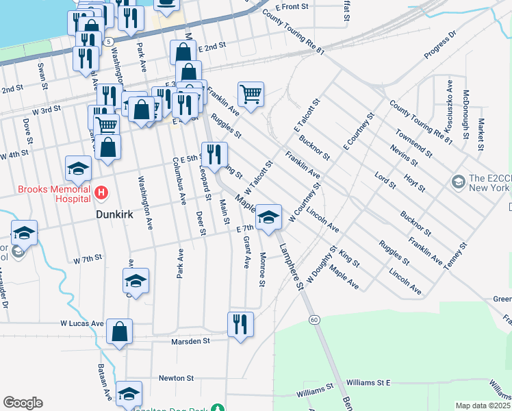 map of restaurants, bars, coffee shops, grocery stores, and more near 124 Maple Avenue in Dunkirk