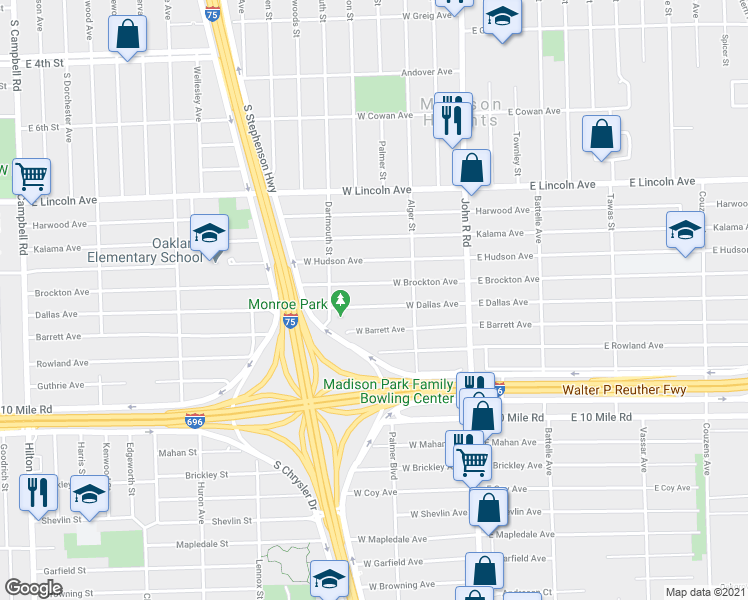 map of restaurants, bars, coffee shops, grocery stores, and more near 390 West Dallas Avenue in Madison Heights
