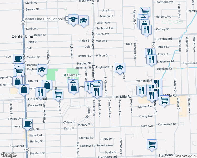 map of restaurants, bars, coffee shops, grocery stores, and more near 25153 Lorraine Avenue in Center Line