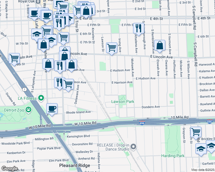 map of restaurants, bars, coffee shops, grocery stores, and more near 612 East Harrison Avenue in Royal Oak