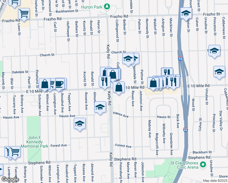 map of restaurants, bars, coffee shops, grocery stores, and more near 18700 East 10 Mile Road in Eastpointe
