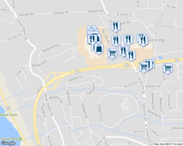 map of restaurants, bars, coffee shops, grocery stores, and more near 27 Highgate Circle in Ithaca