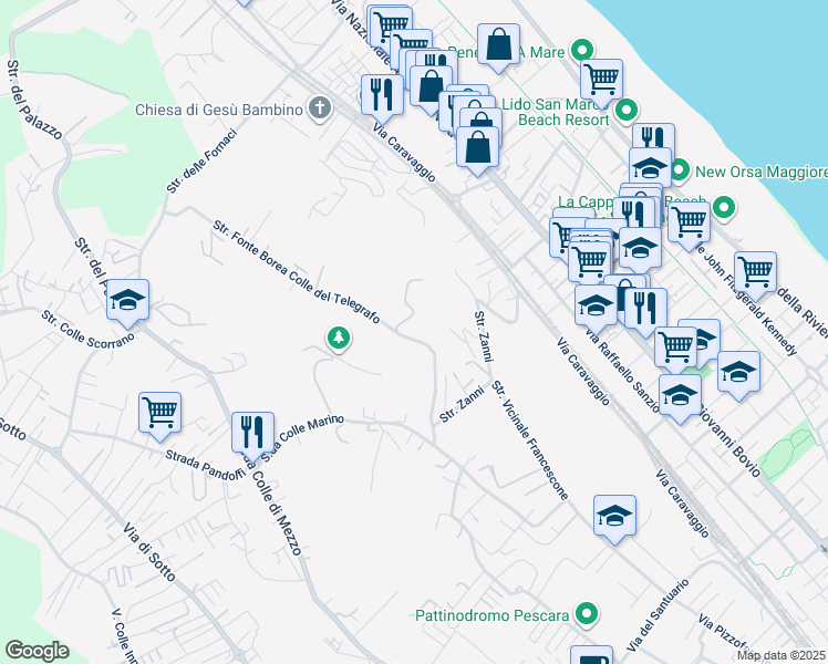 map of restaurants, bars, coffee shops, grocery stores, and more near 8 Strada Fonte Borea Colle del Telegrafo in Pescara
