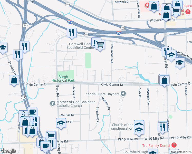 map of restaurants, bars, coffee shops, grocery stores, and more near 23344 Park Place Drive in Southfield