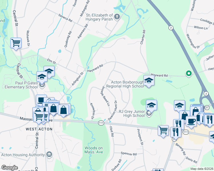 map of restaurants, bars, coffee shops, grocery stores, and more near 23 Deacon Hunt Drive in Acton