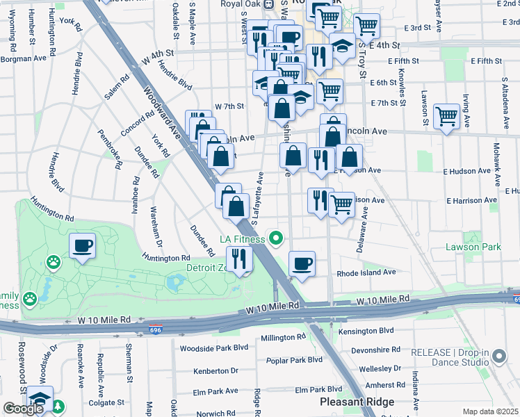 map of restaurants, bars, coffee shops, grocery stores, and more near 1119 South Lafayette Avenue in Royal Oak