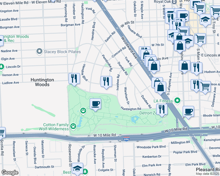 map of restaurants, bars, coffee shops, grocery stores, and more near 8259 Hendrie Blvd in Huntington Woods