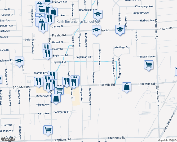 map of restaurants, bars, coffee shops, grocery stores, and more near 25158 Marilyn Avenue in Warren