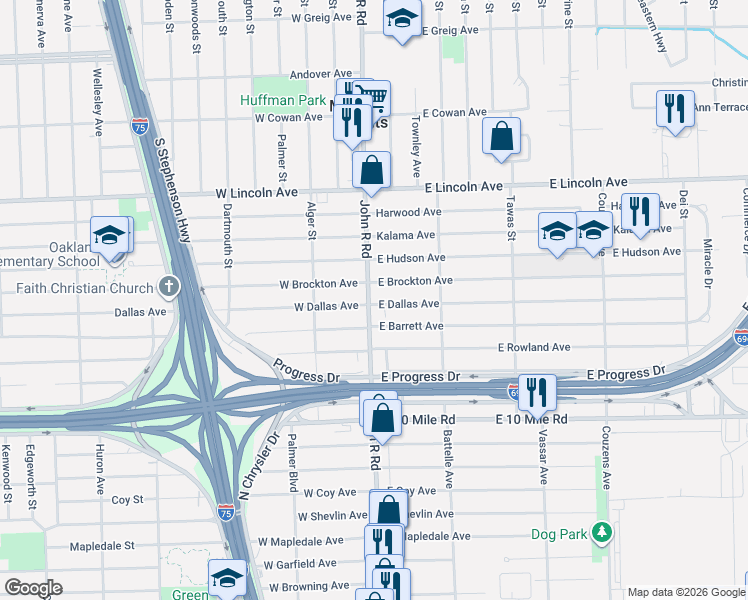 map of restaurants, bars, coffee shops, grocery stores, and more near 25504 John R Road in Madison Heights