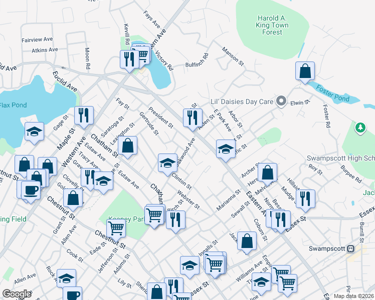 map of restaurants, bars, coffee shops, grocery stores, and more near 22 Milton Street in Lynn