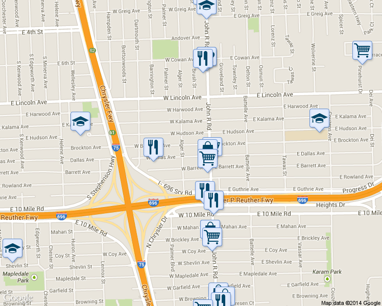 map of restaurants, bars, coffee shops, grocery stores, and more near 88 West Dallas Avenue in Madison Heights