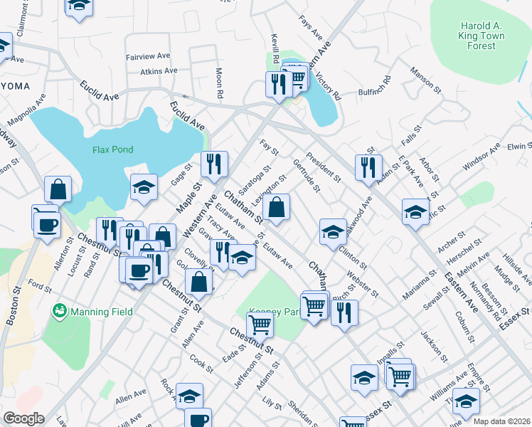 map of restaurants, bars, coffee shops, grocery stores, and more near 11 Glenwood Street in Lynn