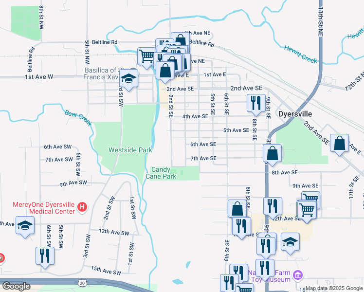map of restaurants, bars, coffee shops, grocery stores, and more near 602 3rd Street Southeast in Dyersville