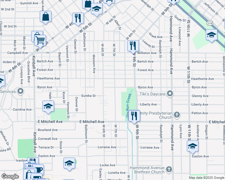map of restaurants, bars, coffee shops, grocery stores, and more near 1706 West 7th Street in Waterloo