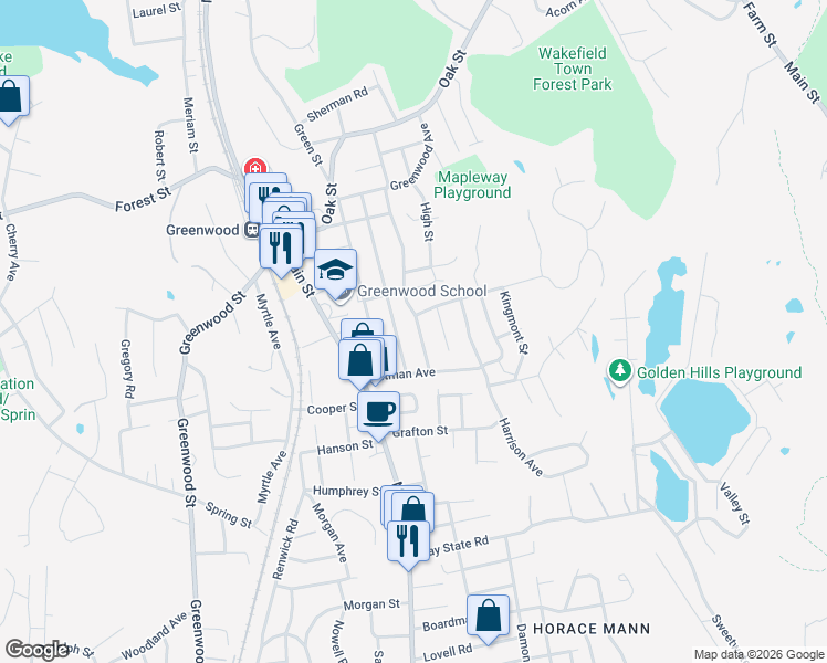 map of restaurants, bars, coffee shops, grocery stores, and more near 51 Pine Street in Wakefield