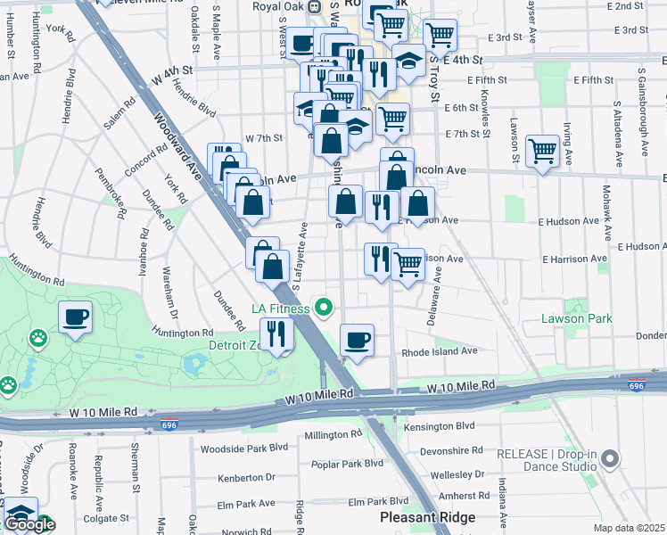 map of restaurants, bars, coffee shops, grocery stores, and more near 1116 South Washington Avenue in Royal Oak