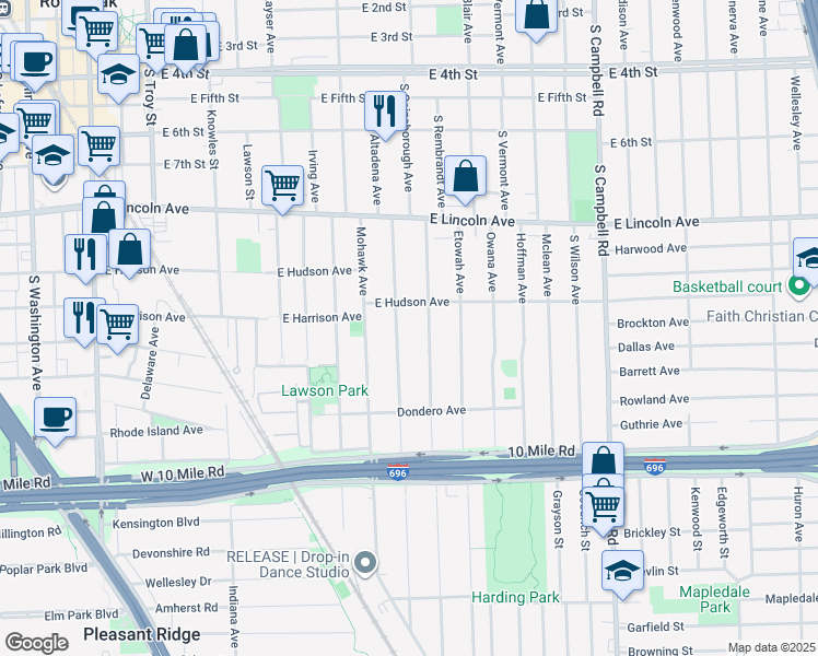 map of restaurants, bars, coffee shops, grocery stores, and more near 1125 Wyandotte Avenue in Royal Oak