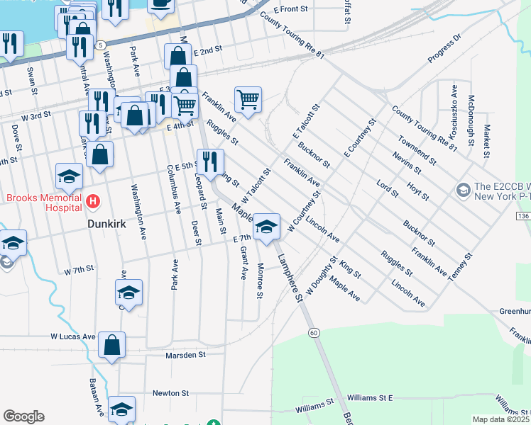 map of restaurants, bars, coffee shops, grocery stores, and more near 127 King Street in Dunkirk