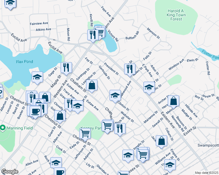 map of restaurants, bars, coffee shops, grocery stores, and more near 61 Clarendon Avenue in Lynn