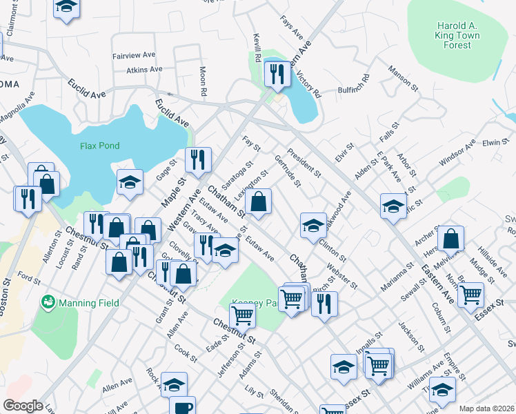 map of restaurants, bars, coffee shops, grocery stores, and more near 11 Glenwood Street in Lynn