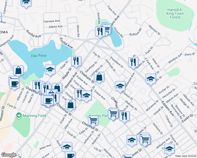 map of restaurants, bars, coffee shops, grocery stores, and more near 11 Glenwood Street in Lynn