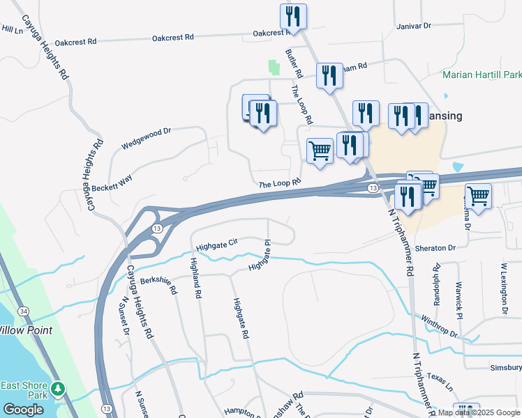 map of restaurants, bars, coffee shops, grocery stores, and more near 27 Highgate Cir in Ithaca