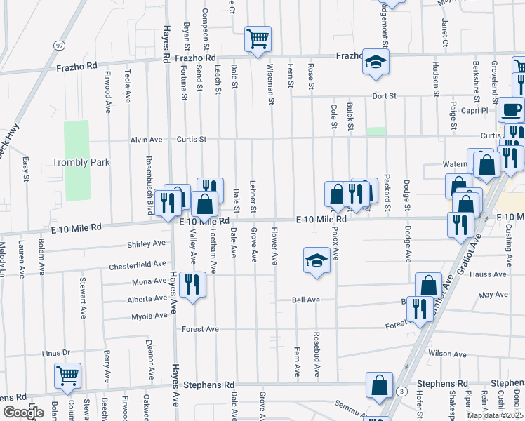 map of restaurants, bars, coffee shops, grocery stores, and more near 15515 East 10 Mile Road in Eastpointe