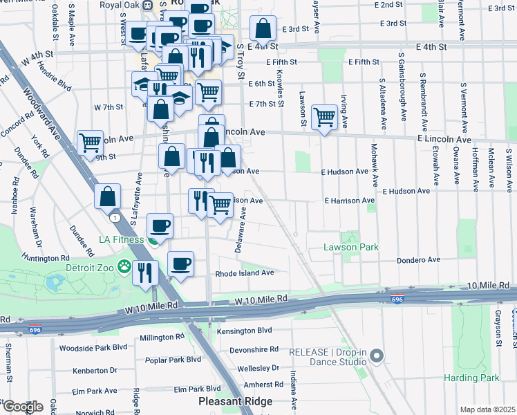 map of restaurants, bars, coffee shops, grocery stores, and more near 322 East Harrison Avenue in Royal Oak