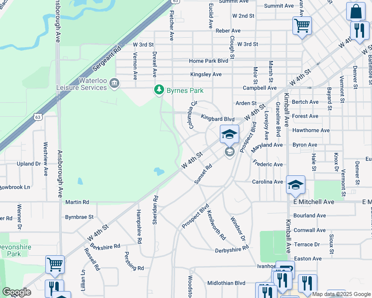 map of restaurants, bars, coffee shops, grocery stores, and more near 1010-1098 Fletcher Ave in Waterloo