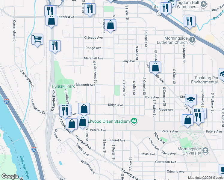 map of restaurants, bars, coffee shops, grocery stores, and more near 1101-1299 South Rustin Street in Sioux City