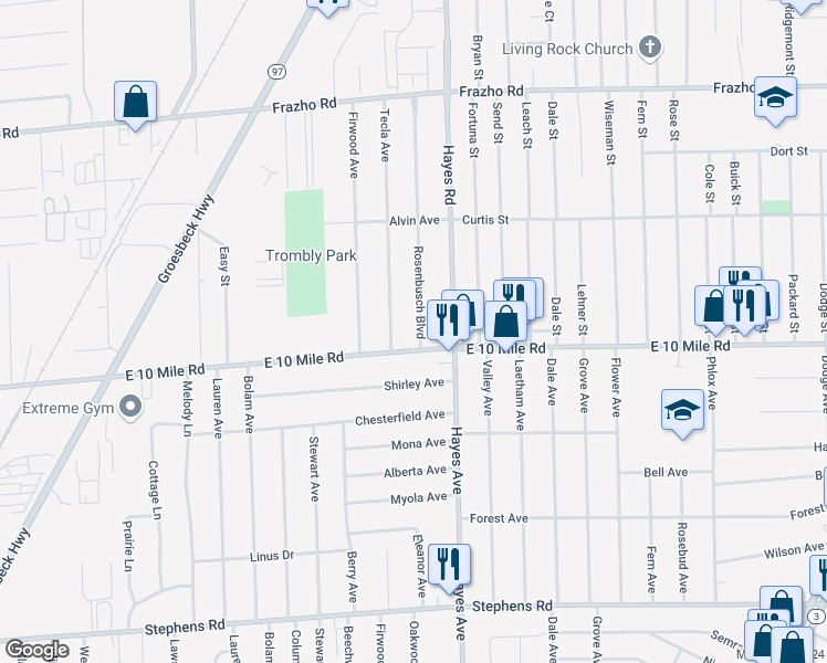 map of restaurants, bars, coffee shops, grocery stores, and more near 25106 Rosenbusch Boulevard in Warren