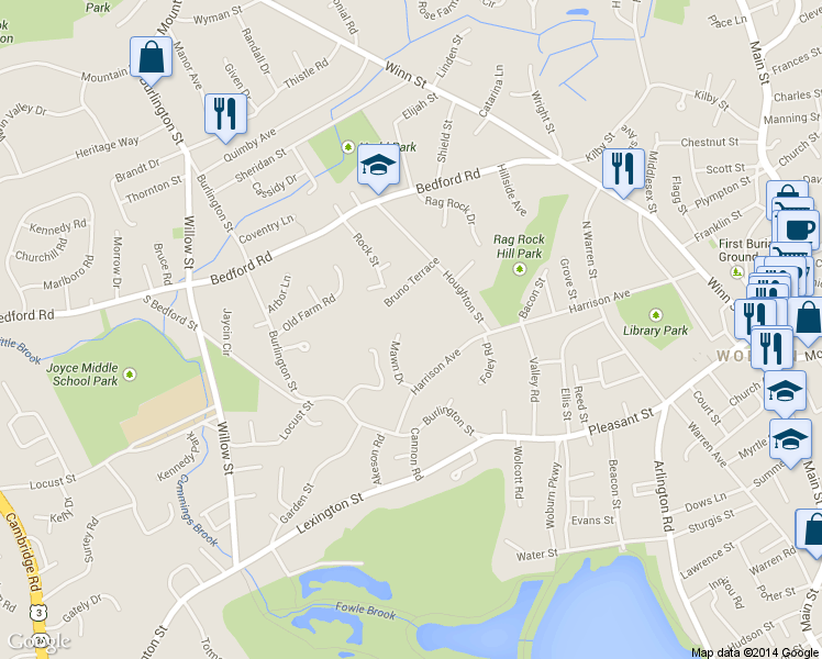 map of restaurants, bars, coffee shops, grocery stores, and more near 11 Mawn Drive in Woburn