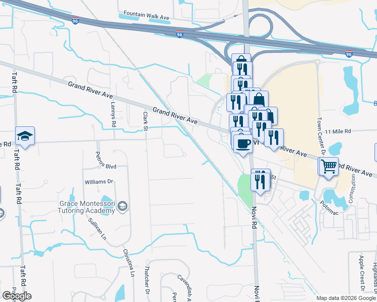 map of restaurants, bars, coffee shops, grocery stores, and more near 25871 Trestle in Novi