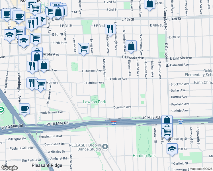 map of restaurants, bars, coffee shops, grocery stores, and more near 1119 Mohawk Avenue in Royal Oak