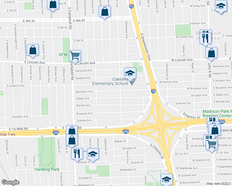 map of restaurants, bars, coffee shops, grocery stores, and more near 2212 Brockton Avenue in Royal Oak