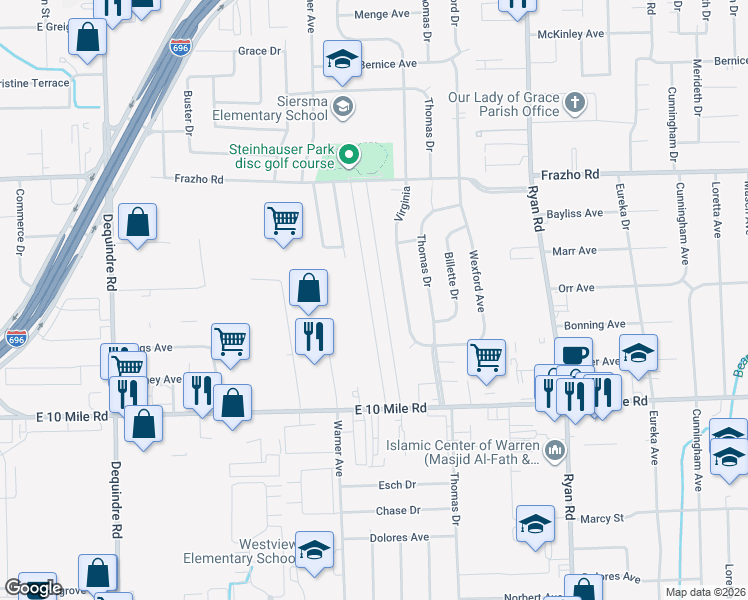 map of restaurants, bars, coffee shops, grocery stores, and more near 25346 Doncea Drive in Warren