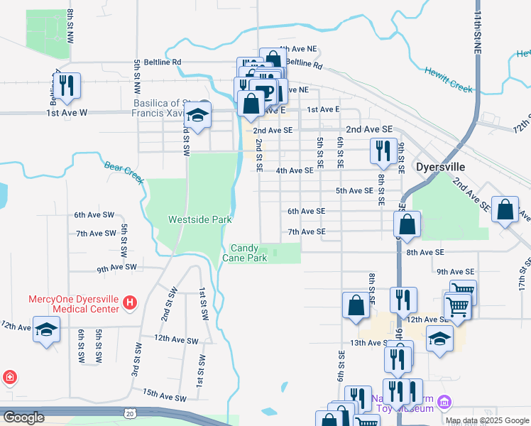 map of restaurants, bars, coffee shops, grocery stores, and more near 602 3rd Street Southeast in Dyersville