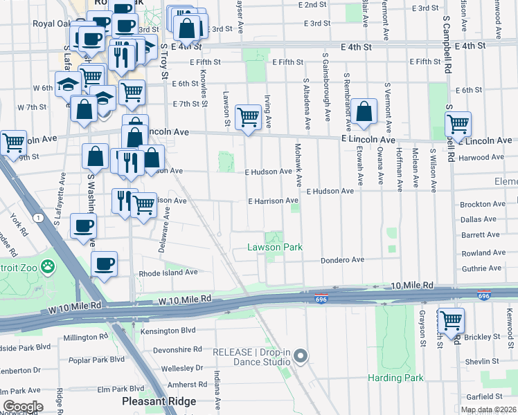 map of restaurants, bars, coffee shops, grocery stores, and more near 1106 Irving Avenue in Royal Oak