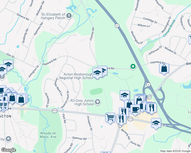 map of restaurants, bars, coffee shops, grocery stores, and more near 36 Charter Road in Acton