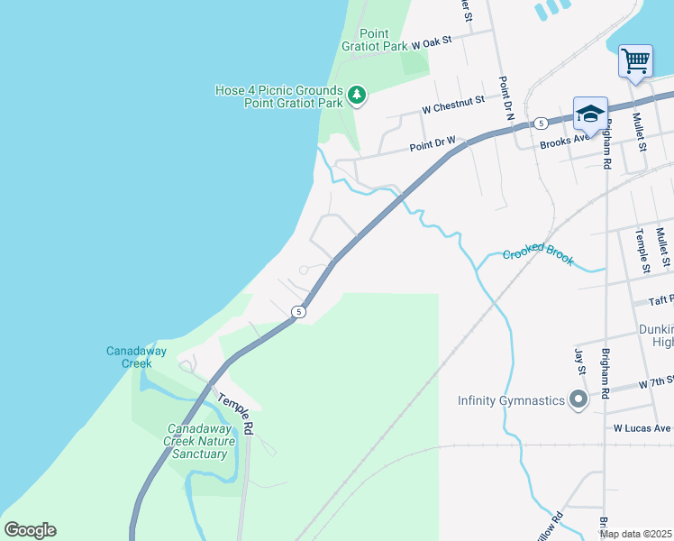 map of restaurants, bars, coffee shops, grocery stores, and more near 437 Lake Shore Drive West in Dunkirk