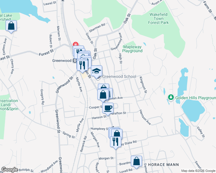 map of restaurants, bars, coffee shops, grocery stores, and more near 23 Greenwood Avenue in Wakefield