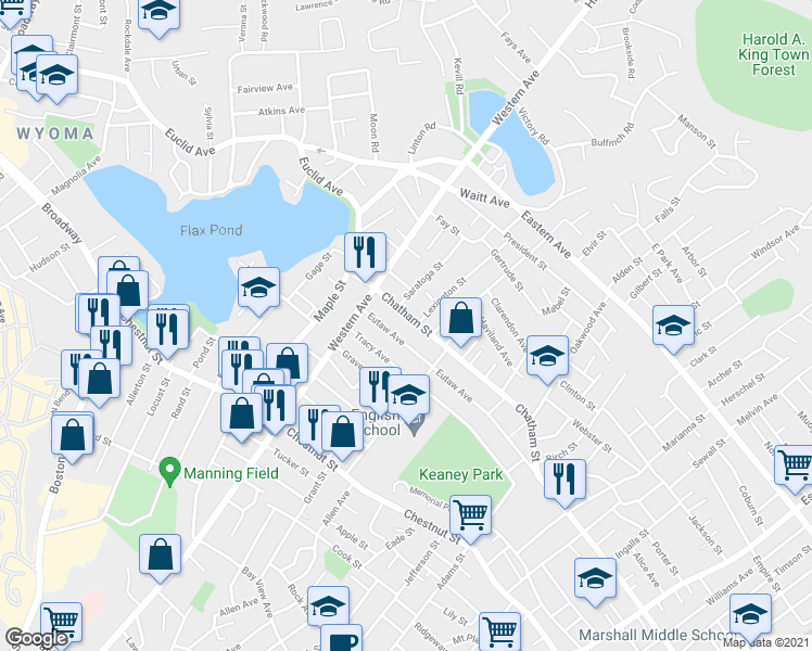 map of restaurants, bars, coffee shops, grocery stores, and more near 476 Chatham St in Lynn