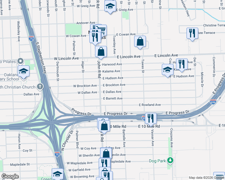map of restaurants, bars, coffee shops, grocery stores, and more near 87 East Dallas Avenue in Madison Heights