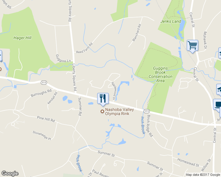 map of restaurants, bars, coffee shops, grocery stores, and more near 60 Macintosh Lane in Boxborough