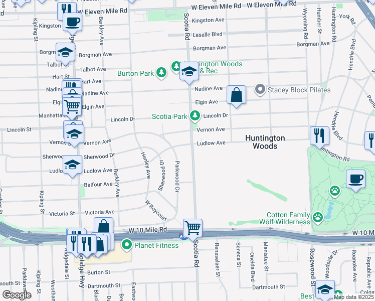 map of restaurants, bars, coffee shops, grocery stores, and more near 25537 Scotia Road in Huntington Woods