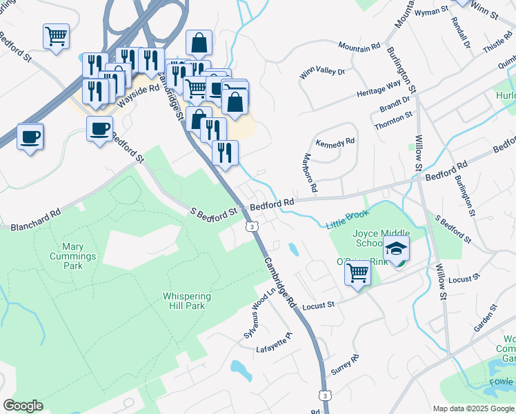 map of restaurants, bars, coffee shops, grocery stores, and more near 203 Bedford Road in Woburn