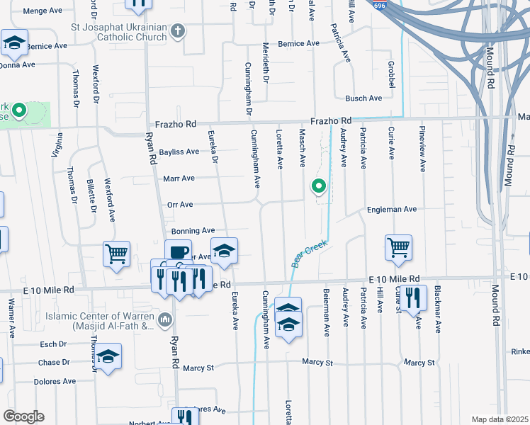 map of restaurants, bars, coffee shops, grocery stores, and more near 25354 Cunningham Avenue in Warren