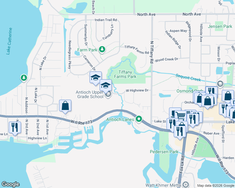 map of restaurants, bars, coffee shops, grocery stores, and more near 850 Highview Drive in Antioch