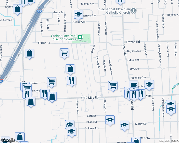 map of restaurants, bars, coffee shops, grocery stores, and more near 25346 Doncea Drive in Warren