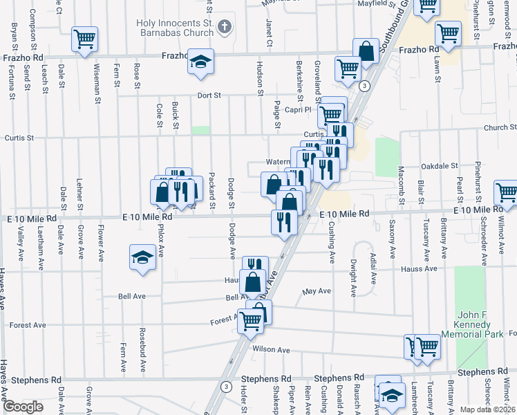 map of restaurants, bars, coffee shops, grocery stores, and more near 16461 East 10 Mile Road in Eastpointe